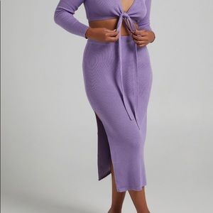 2 piece ribbed sweater skirt with cropped top in lavender